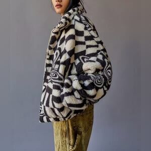 Urban Outfitters Olivia Bold Butterfly Checkered Sherpa Zip Jacket Sz XS